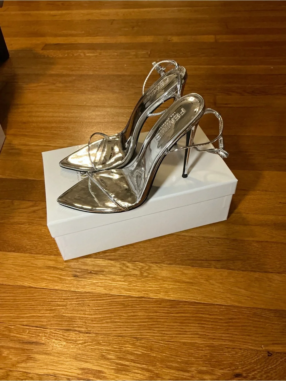 FEMME LA Silver Metallic Stiletto Ankle-Strap Sandal